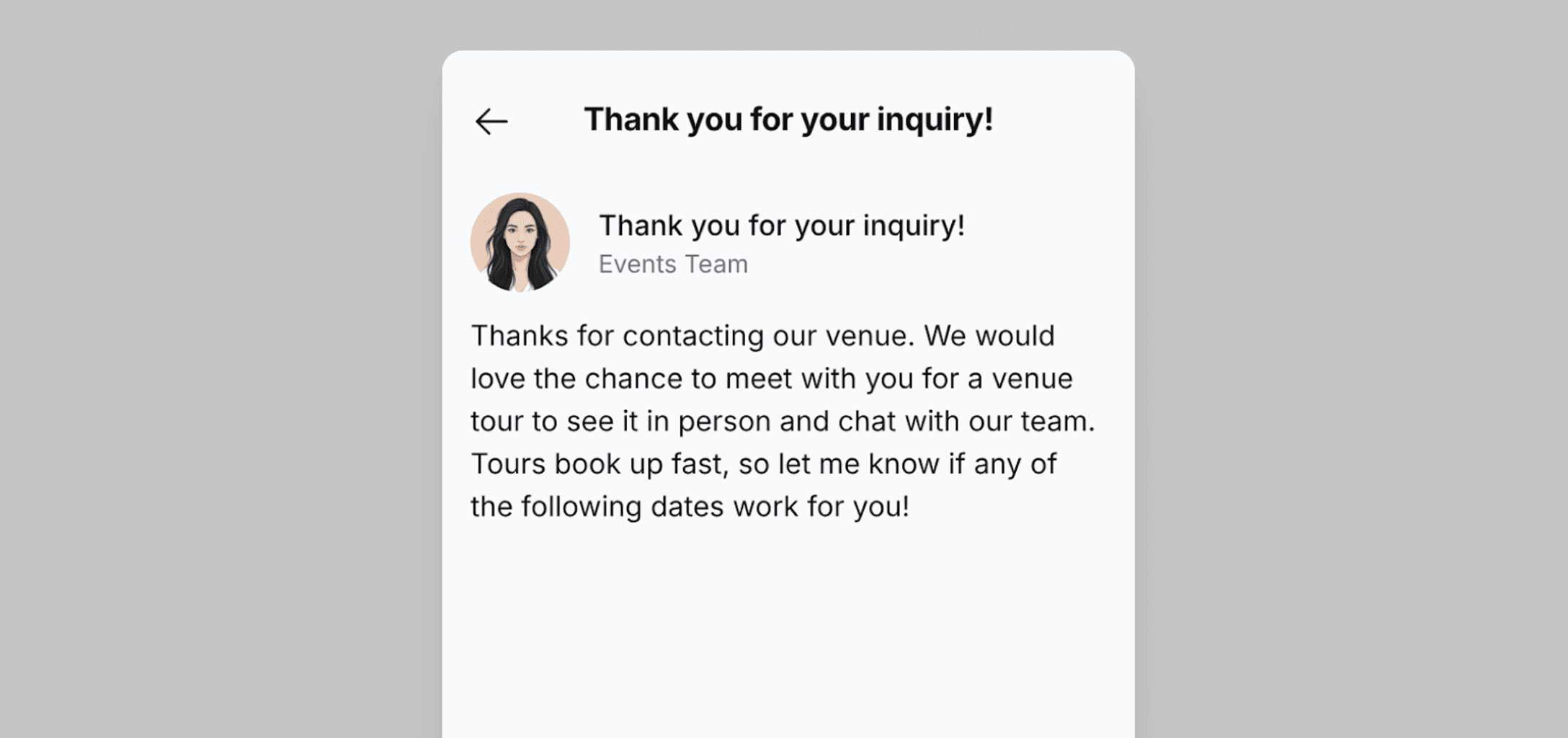 Email reply mockup with venue branding